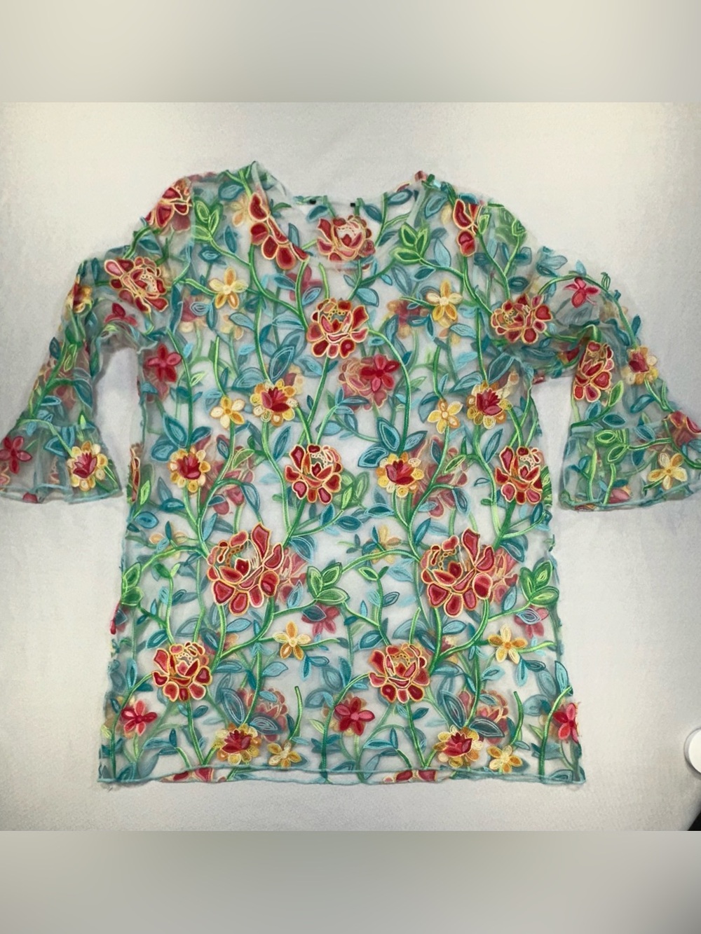 Sheer Floral Embroidered Tunic Oversized Boho Festival Medium Whimsy - Picture 6 of 9